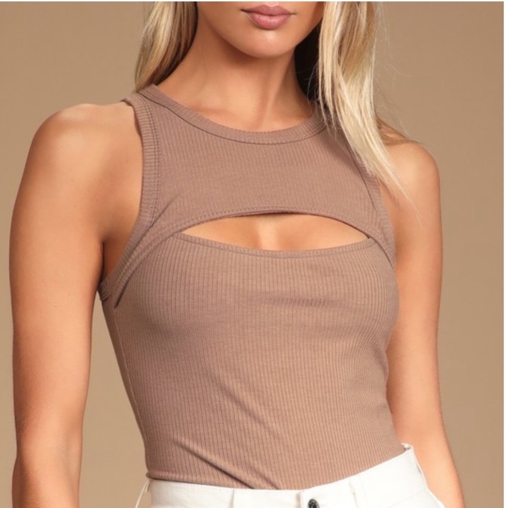 Lulus Bodysuit XS Ribbed Cutout Tan Sleeveless Layering Sexy Tank Top‎